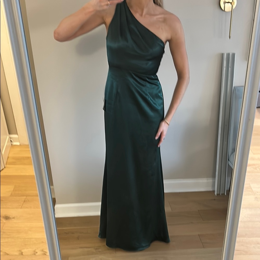 Lulu's Asymmetrical Ruched Green Gown for Wedding Guest